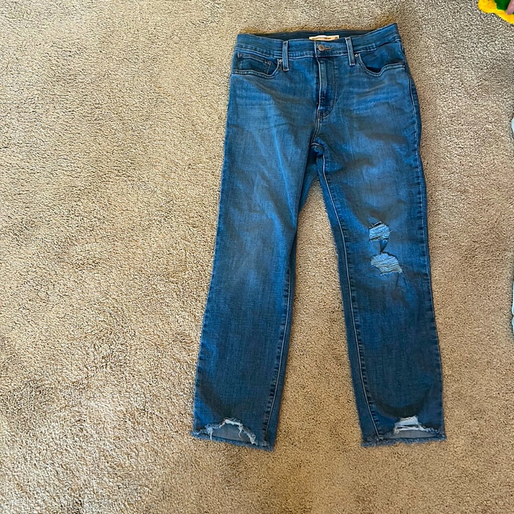 Levi (724) Ripped High Rise Straight Cropped Denim